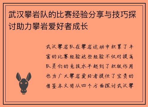 武汉攀岩队的比赛经验分享与技巧探讨助力攀岩爱好者成长