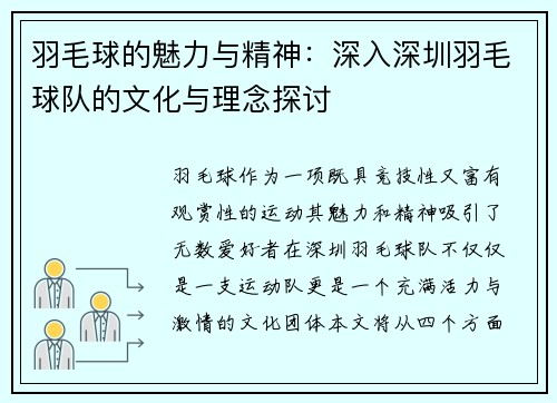 羽毛球的魅力与精神：深入深圳羽毛球队的文化与理念探讨