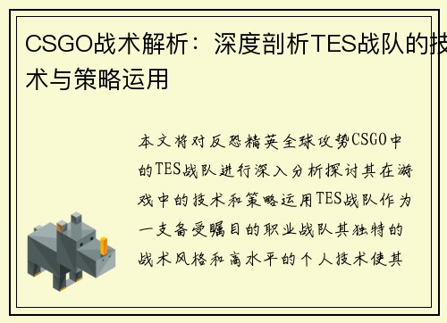 CSGO战术解析：深度剖析TES战队的技术与策略运用