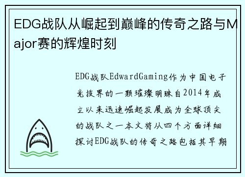 EDG战队从崛起到巅峰的传奇之路与Major赛的辉煌时刻