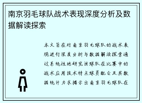 南京羽毛球队战术表现深度分析及数据解读探索