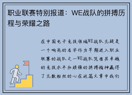 职业联赛特别报道：WE战队的拼搏历程与荣耀之路