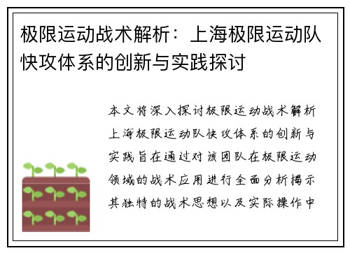 极限运动战术解析：上海极限运动队快攻体系的创新与实践探讨